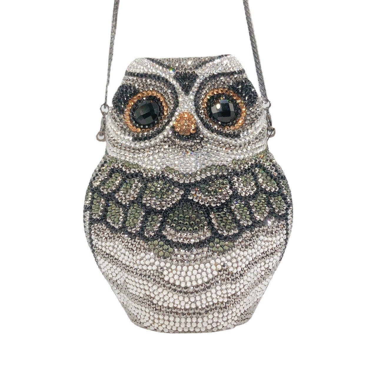 Nuevo fondo plano transfronterizo llena de diamantes búho de diamante de diamante de diamante bolsa de banquete europea y americana bolsas de mano de diamante de diamante de diamante Owl Clutch