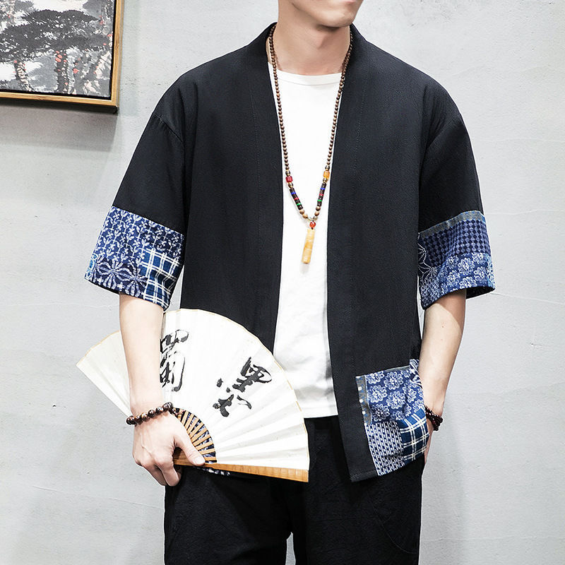 Summer Men's Mid-Sleeve Shirt Kimono Cardigan Hanfu Shirt Half-Sleeve Thin Loose Taoist Robe Chinese Style Jacket Summer Men's Mid-Sleeve Shirt Kimono Cardigan Hanfu Shirt Half-Sleeve Thin Loose Taoist Robe Chinese Style Jacket