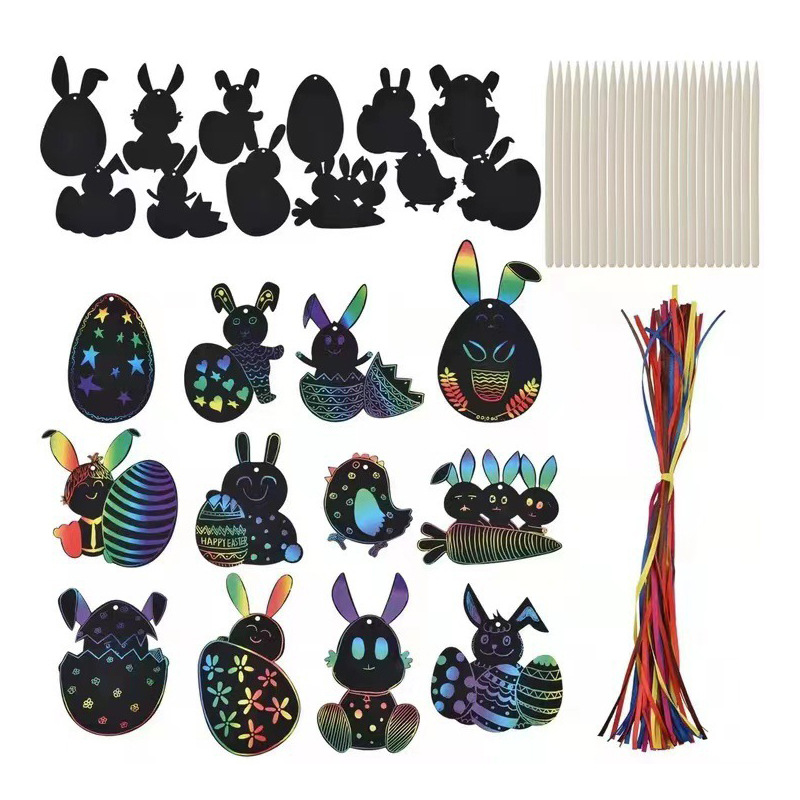 Los niños de la fábrica de comercio exterior rasguño especial-en forma de rasguño pintura papel de rasguño colorido Pascua colgando arte pintura papel al por mayor