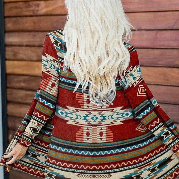 2024 comercio exterior transfronterizo ropa de mujer europea y americana chaqueta cortavientos geométrica de impresión digital cárdigan de manga larga chaqueta de capa casual
