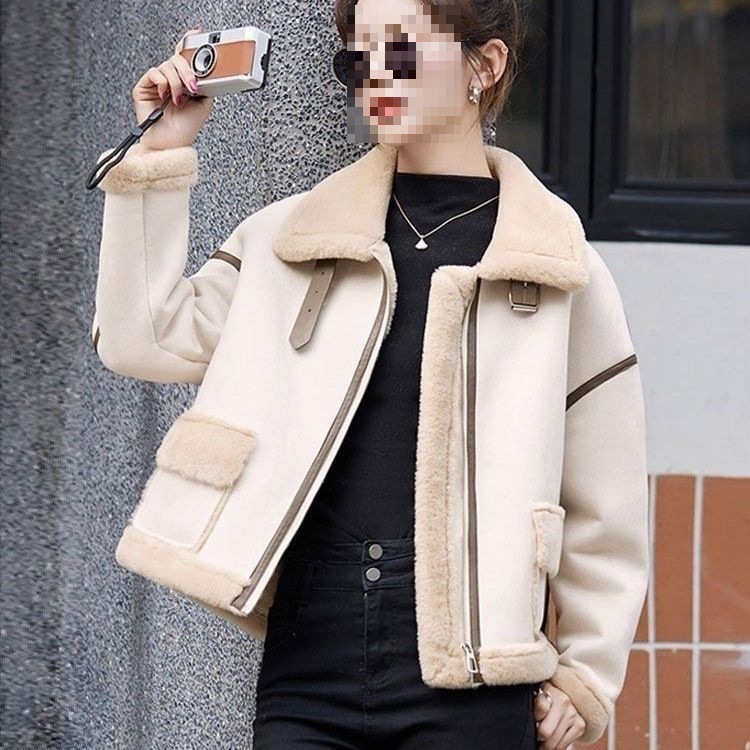 Green Small Fragrant Fur One-Piece Jacket for Women Imitation Suede Winter New Korean Style Sweet Motorcycle Jacket