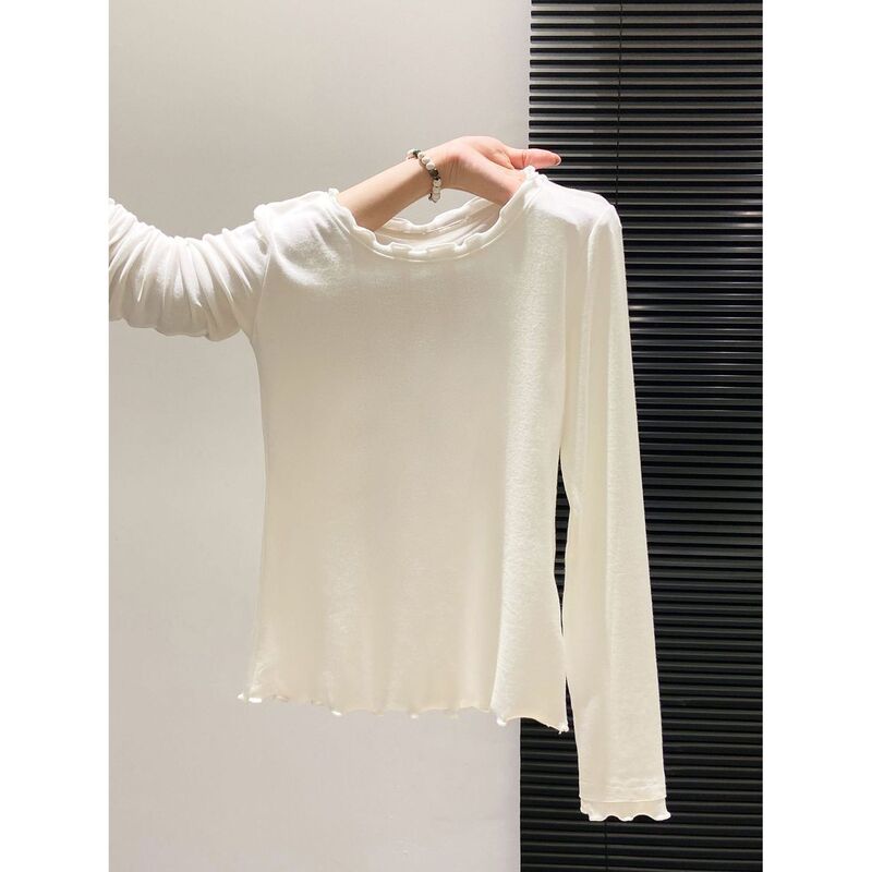 Korean-Style Minimalist Long-Sleeve T-Shirt with Ruffled Edges for Women, 2026 Autumn New Slim-Fit Base Layer Top Korean-Style Minimalist Long-Sleeve T-Shirt with Ruffled Edges for Women, 2026 Autumn New Slim-Fit Base Layer Top
