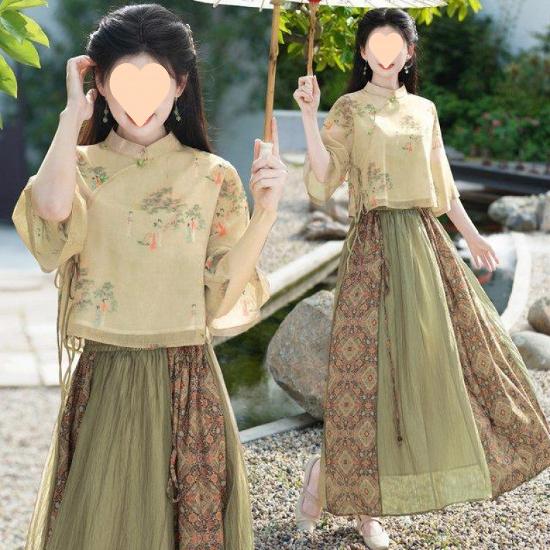 Summer Hanfu New Chinese Style Oriental Classical National Style Jacquard Asymmetrical Collar Button Top with Skirt Set