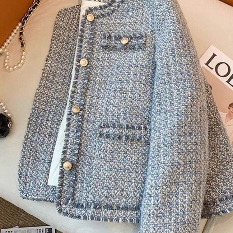 This year's popular beautiful blue small fragrant style coat spring and autumn new Korean drama wear tweed temperament socialite top
