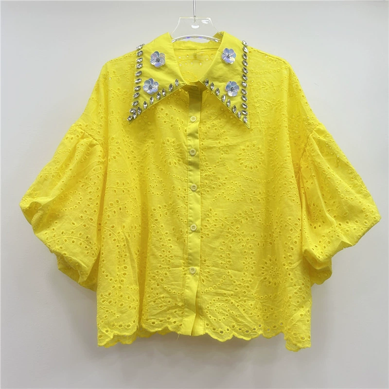 Элегантные универсальные топы и рубашки для женщин, коллекция весна 2025 года, с новыми инкрустированными бриллиантами рубашками и высокой талией с пайетками.