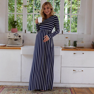 Maternity Wear European and American Stripesd Round Neck Long-Sleeved Maternity Dress Cross-Border Foreign Trade Dark Blue Maternity Dress Long Skirt