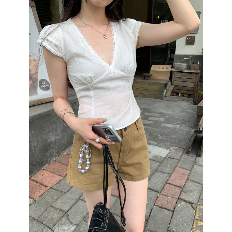 Beautiful Summer Fashion for Mature Women: Lace-Trimmed Deep V-Neck Short-Sleeve T-Shirt, Korean-Style Outfit with Waist-Cinching Tie, Women's Clothing