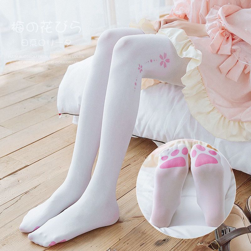 Velvet cat paw pantyhose for women, Lolita style, soft girl, thin, Japanese JK style, long stockings, black and white stockings, summer.