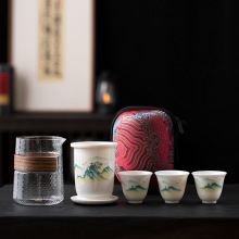 羊脂玉白瓷旅行茶具套装一壶三杯简约快客杯陶瓷便携包户外伴手礼