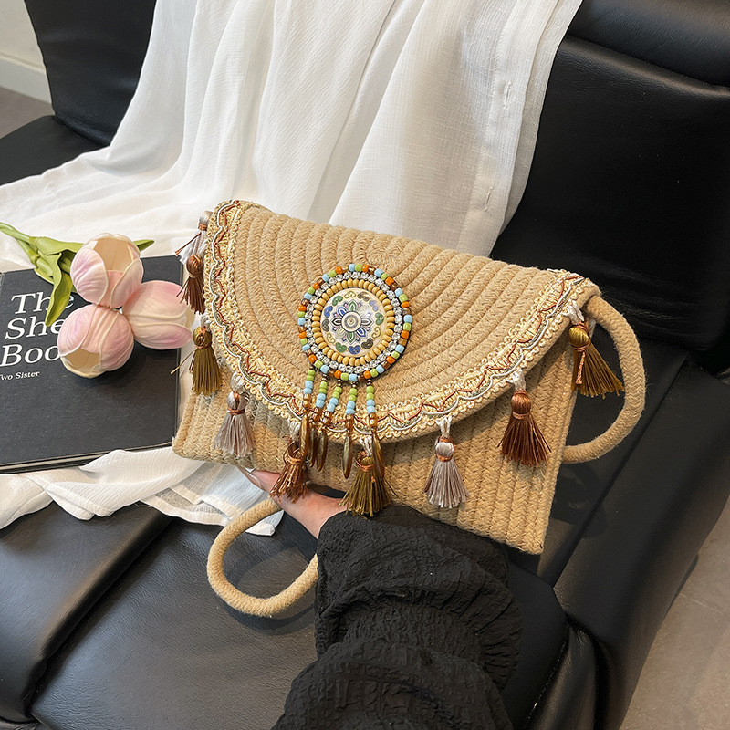 Handmade Rattan Shoulder Bag With Leather Trim Eco-friendly Basket_voghion.com