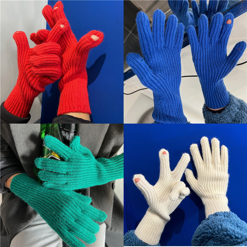 Wool Two-Finger Touchscreen Knit Gloves Winter Women's Solid Color Finger-Separated Men's Outdoor Photography Thick Warm Gloves