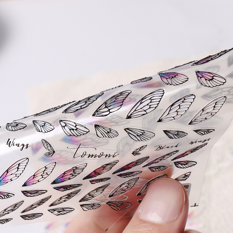 Japonés en línea celebridad nuevas pegatinas de uñas ala adhesivo tridimensional 5D uñas tridimensional alivio alas yeso blanco y negro
