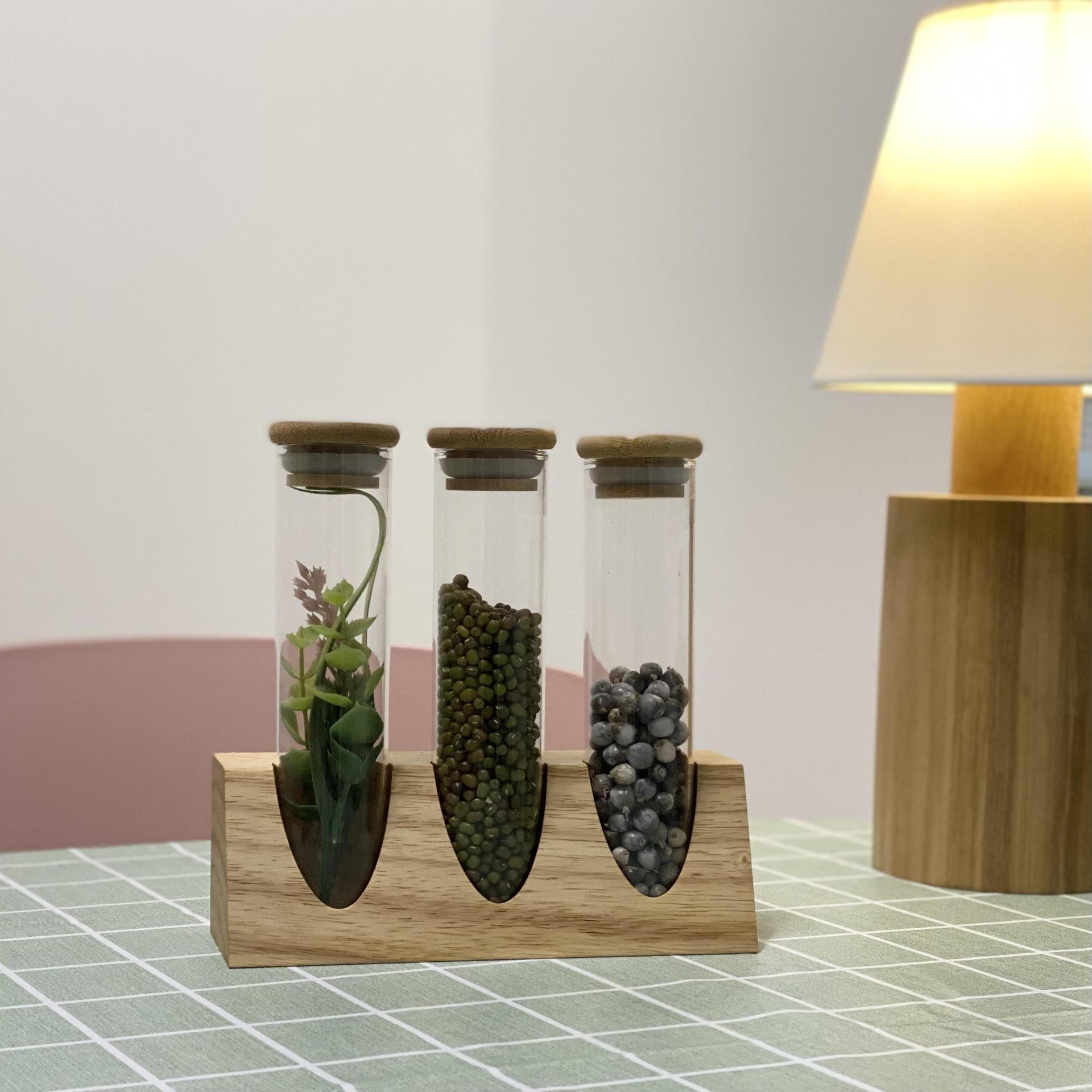 Tubo de ensayo de vidrio de borosilicato estante de exhibición de madera maciza muestra té granos de café cocina clasificación de almacenamiento tanque de almacenamiento