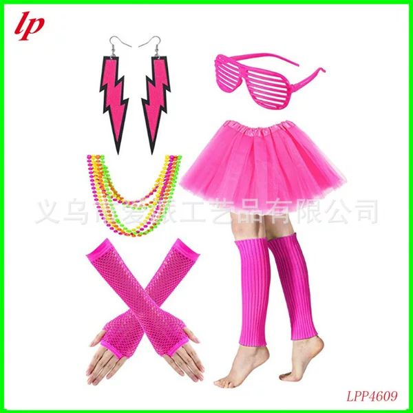 80S Neon Theme Party Adult Tutu Skirt Rose Red Leg Warmers Long Fishnet Gloves Suit Prom Costume Accessories