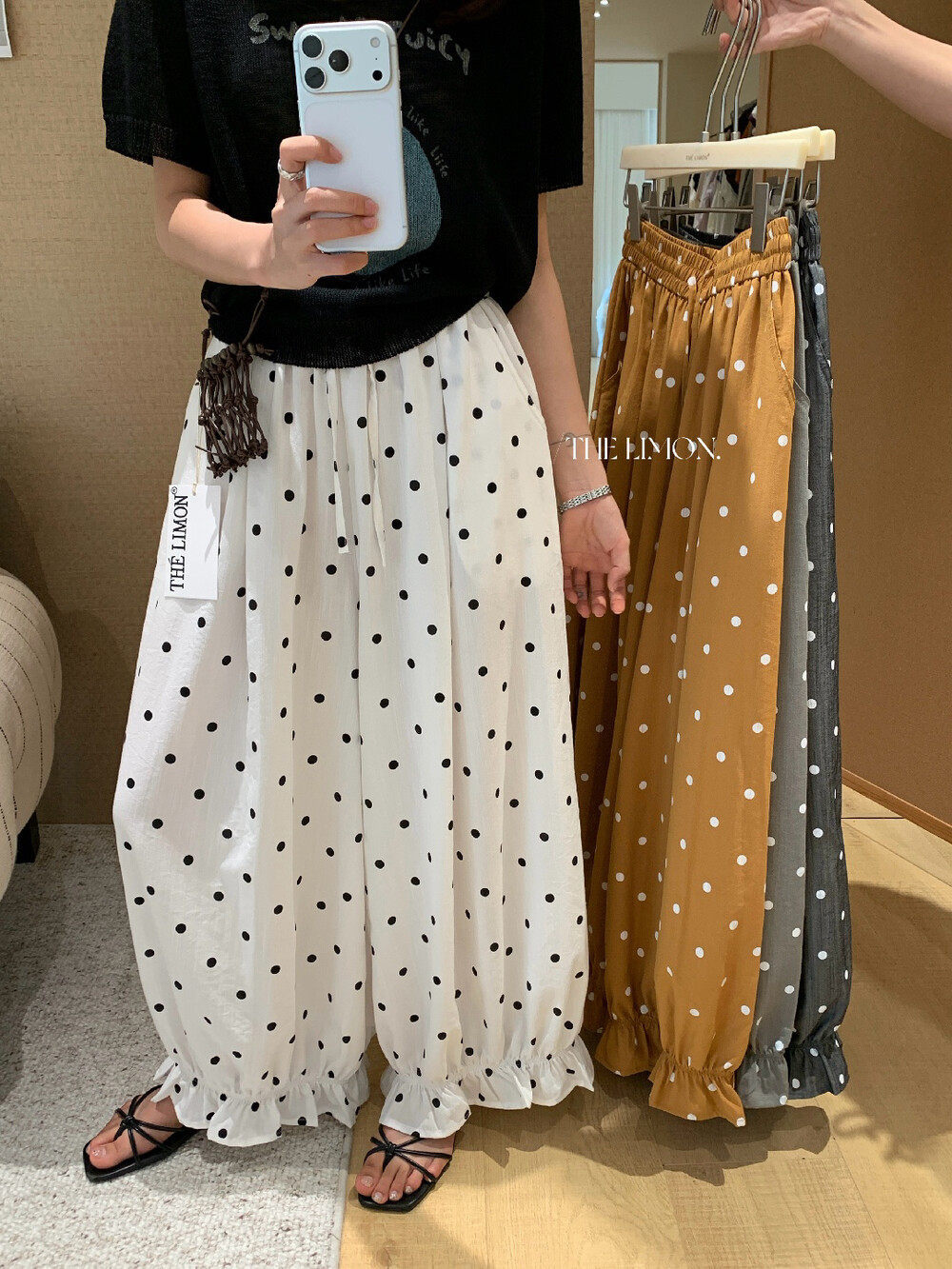 Quần culottes nữ ống rộng chấm bi phong cách vintage, cạp chun, dáng suông rộng thoải mái — màu đen, Màu bí ngô, màu trắng, màu xám chi tiết 13