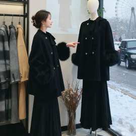 巨好看的两件套冬装大码胖mm感小香风毛呢斗篷外套半身裙套装