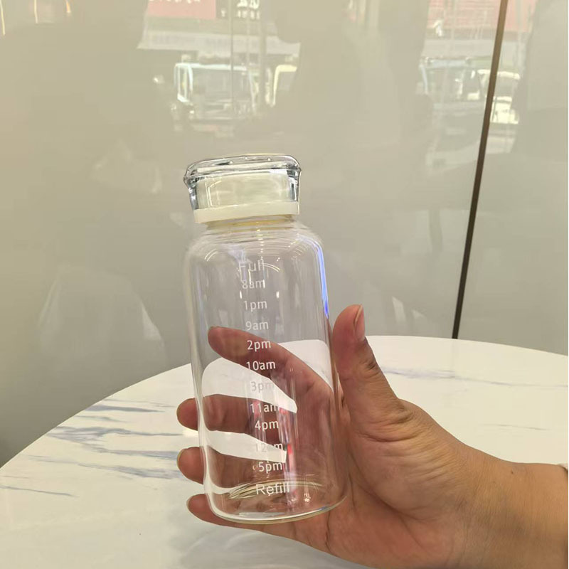 도매 ins 풍수 컵 여름 고가치 시간 스케일 컵 간단한 투명 유리 물 컵 뚜껑 휴대용