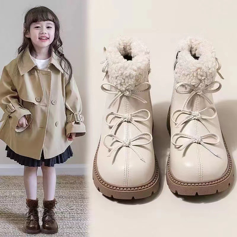 2025 New Winter Kidsren's Boots Girls' Bow Short Boots Princess Leather Boots Fleece-Lined Soft Sole Two-Cotton Boots