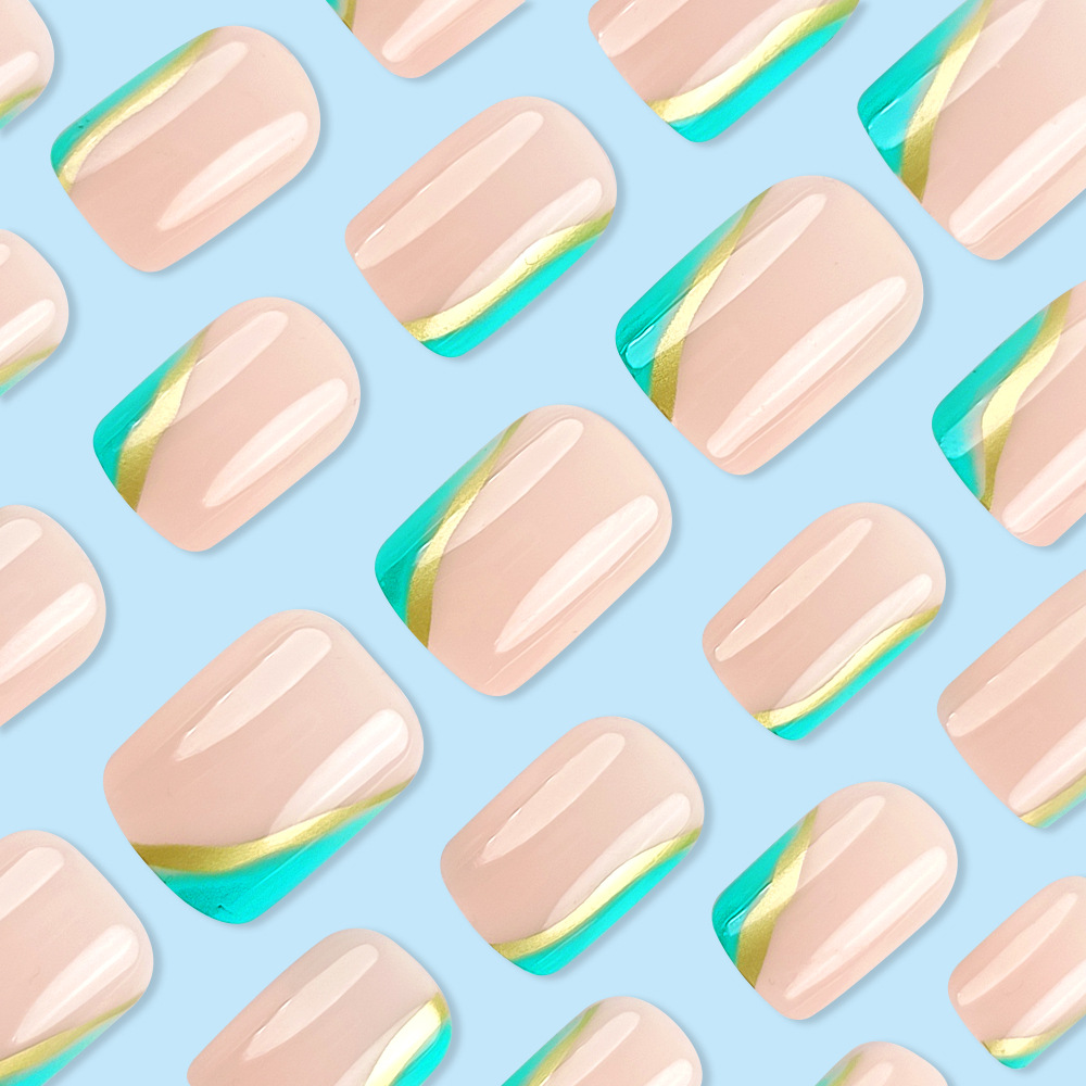Transfronterizo primavera y verano desgaste de uñas cortas de uñas de color verde, fondo desnudo fresco de uñas falsas, 24 piezas de parche de uñas mezcladas