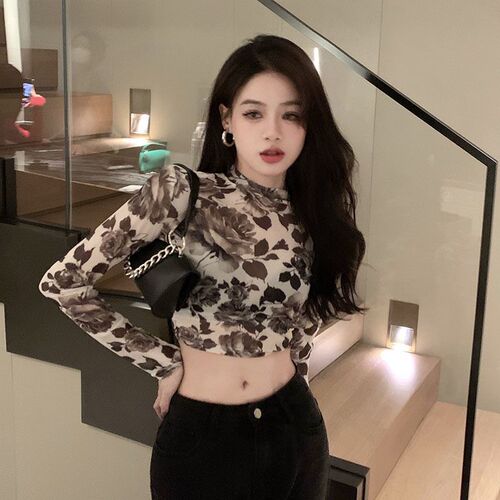 Spring and Summer New Retro Unique Fashion Small Floral Versatile Slimming Waist-Tightening Long-Sleeve T-Shirt for Women