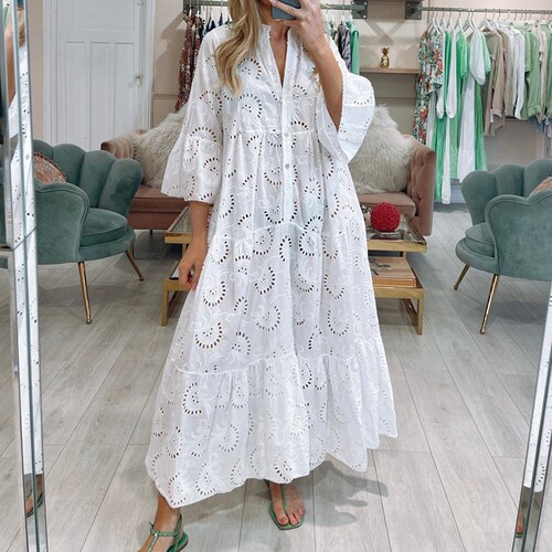 2025 European and American Summer and Autumn French V-neck Bell Sleeve Lace Hollowout Solid Color Sexy Long Dress for Women