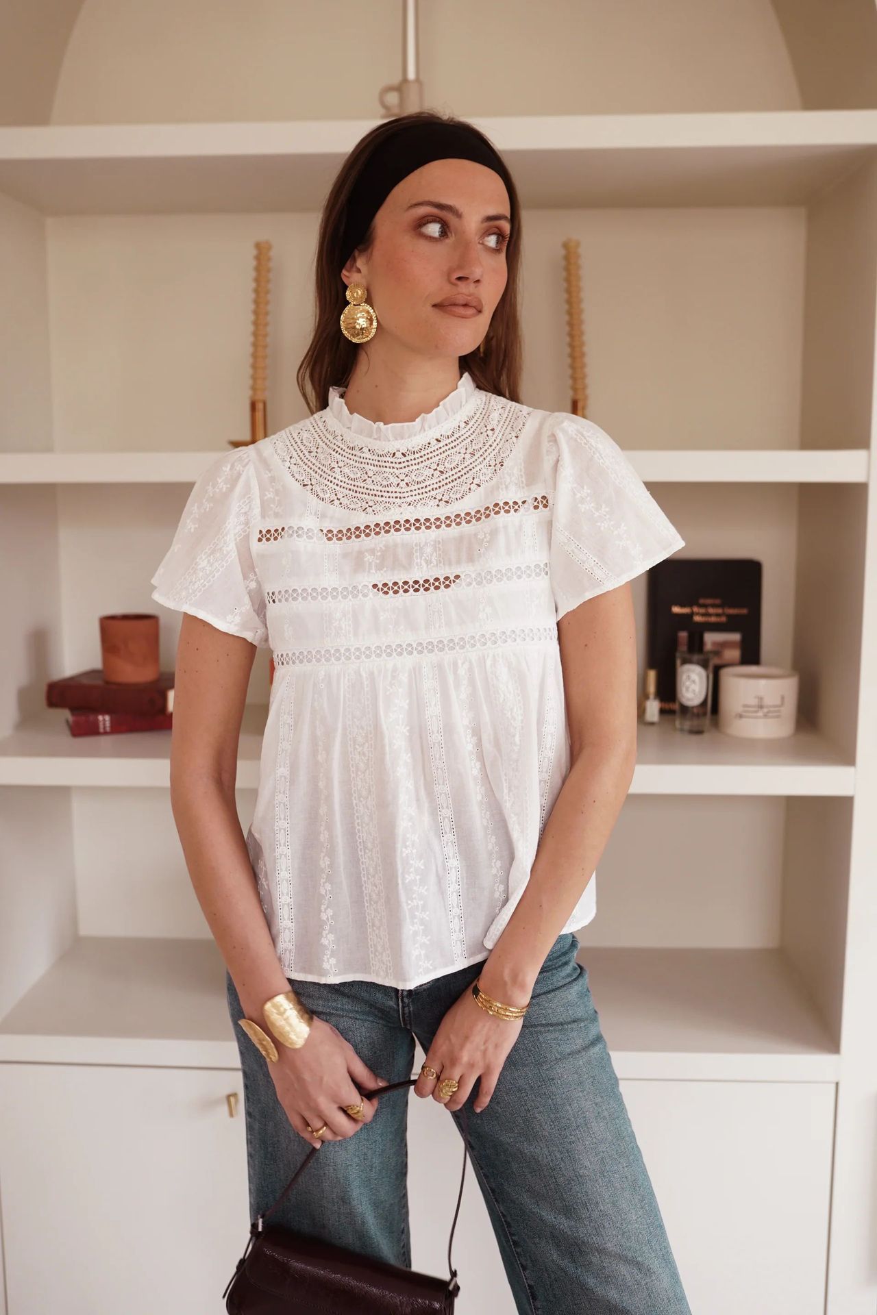 Transfronterizos Europa y América ropa de mujer de verano cuello de encaje hueco de manga corta Jacquard francés elegante camiseta de moda de cuello de encaje image 7