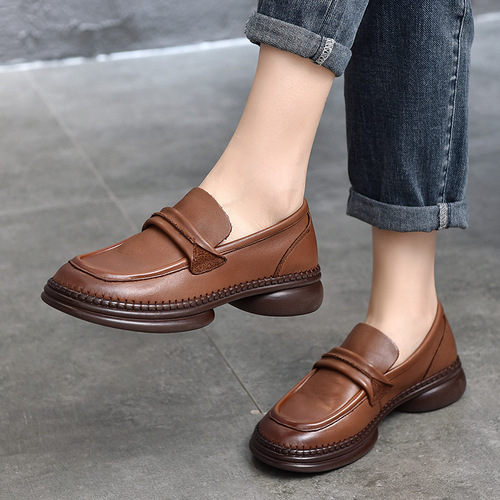 2024 Spring Genuine Leather Mid-Heel Single Shoes Women's Soft Sole Soft Cowhide Loafers Round Toe Slip-on Small Leather Shoes Mom's Shoes