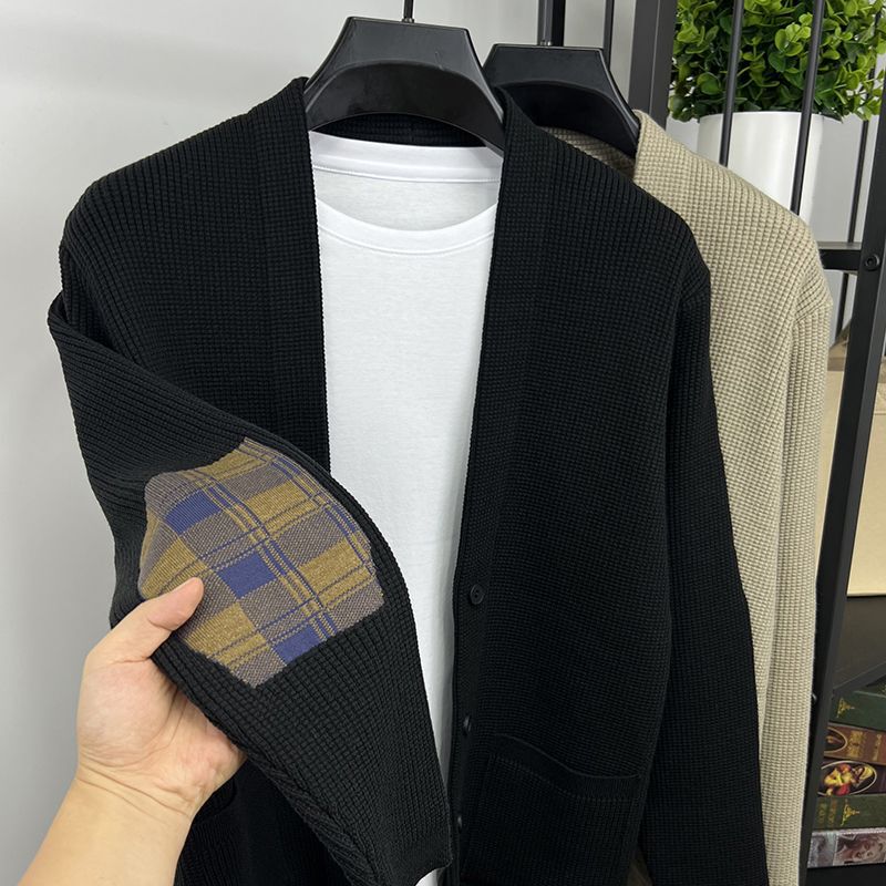 Knitted Cardigan Men's Shawl Collar Sweater Jacket Trendy Splicing Plaid Spring and Autumn Men's Casual Color Top