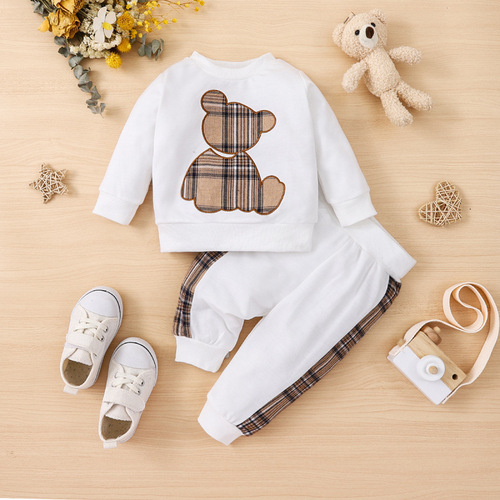 Cross-border INS Infant Boys' Summer Plaid Bear Patchwork Embroidered Long-sleeved Top and Long Pants Fashionable Suit