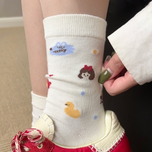 White Socks Women's Mid-Calf Socks Summer Ins Trendy K-Style Japanese Style Cute Cartoon Stockings Pure Cotton Summer Cotton Socks
