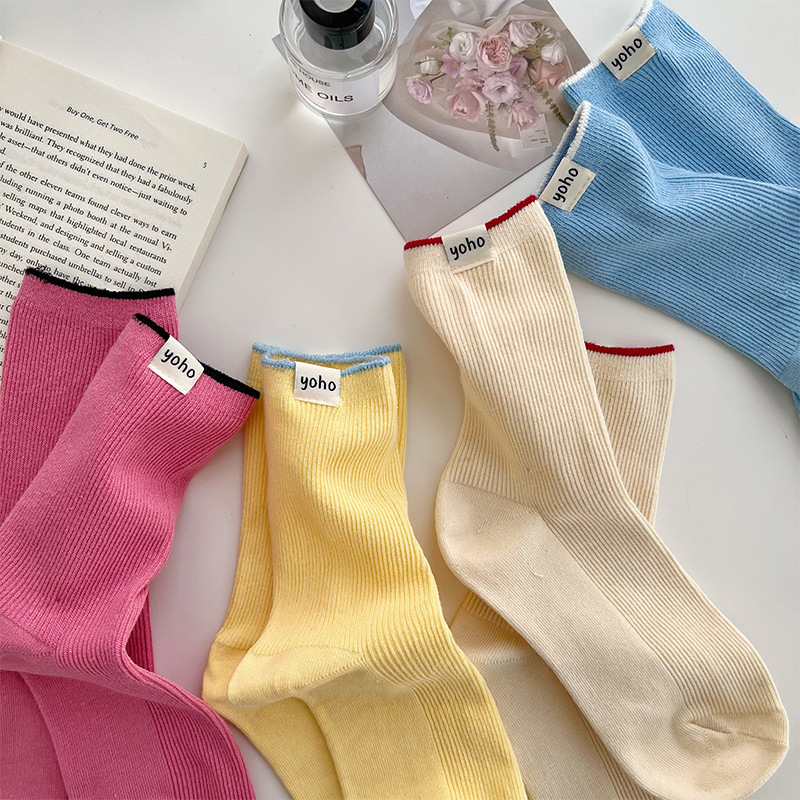 yoho side small cloth label ~ cream color socks women's mid-calf socks summer thin Internet celebrity basic pile cotton socks