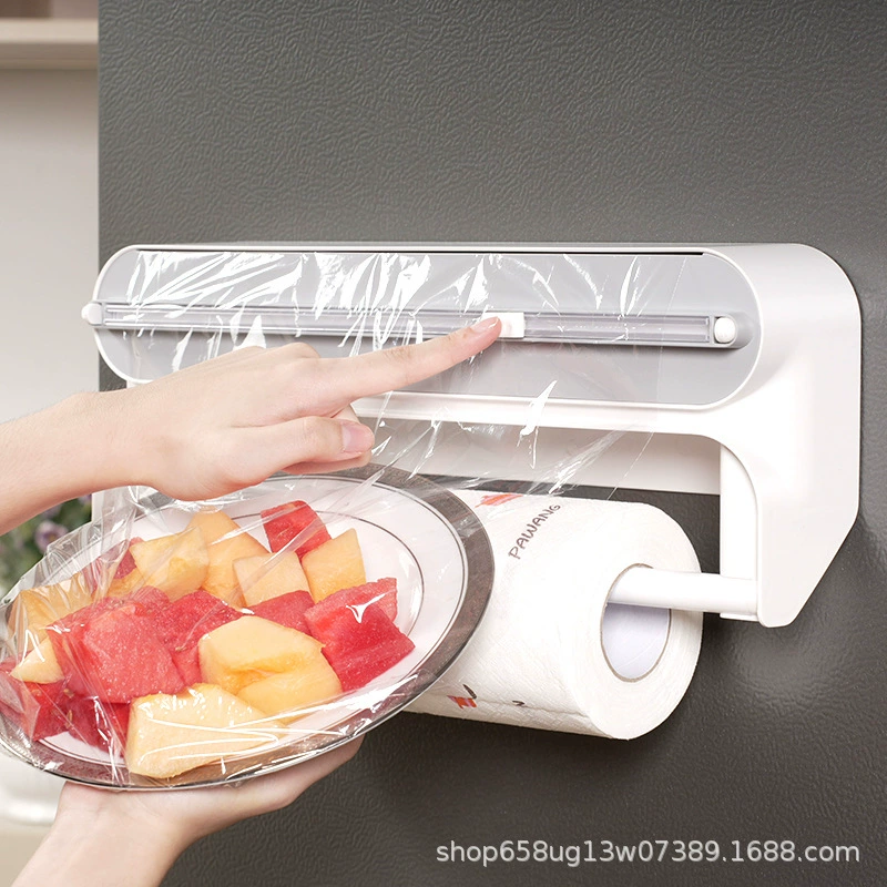 二合一保鲜膜切割器磁吸挂墙两用厨房纸收纳架锡纸烘焙纸保鲜袋架
