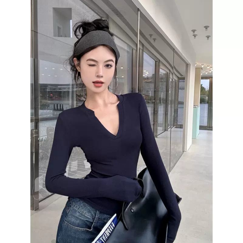 秋季小性感半开领纯色修身显瘦内搭打底衫长袖T恤女上衣
