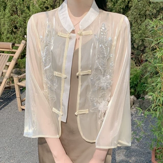 新中式欧根纱防晒衬衫女夏季薄款配吊带空调衫国风重工刺绣上衣潮