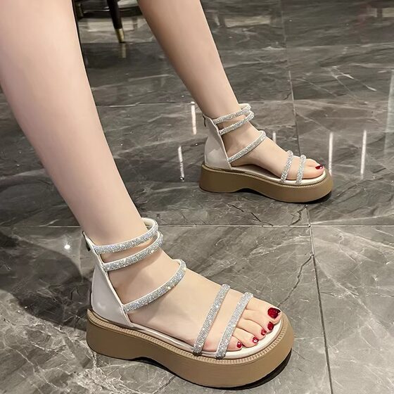 Fairy sandals women's summer wholesale new rhinestone muffin thick bottom open toe with skirt back zipper Korean style Roman shoes