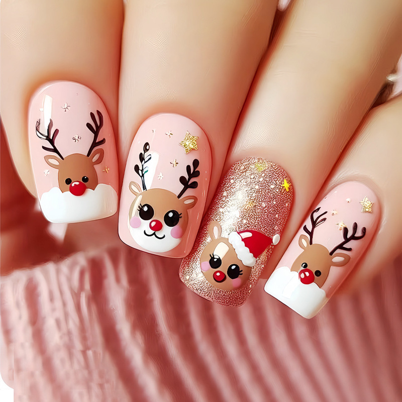Cross-Border New Manicure White French Edge Elk Glitter Design Christmas Wearable Nails Removable Wearable Nails Cross-Border New Manicure White French Edge Elk Glitter Design Christmas Wearable Nails Removable Wearable Nails