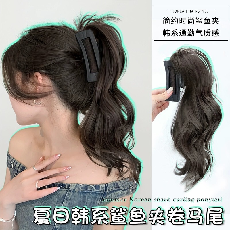 Wig for Women with Long Hair, Braided Synthetic Hair, Sweet and Cool Style, Lightweight Shark Clip, Waterfall Fountain Half-Tied High Ponytail, Curly Hair
