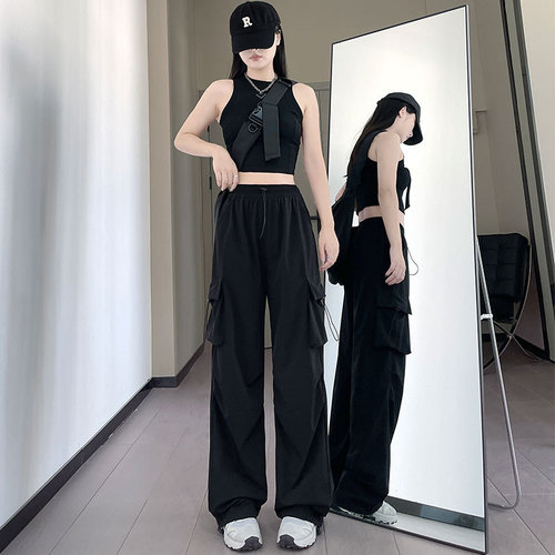 American-style spicy girl work pants women drawstring casual pants summer drape loose straight-leg wide-leg pants floor-length long pants trendy