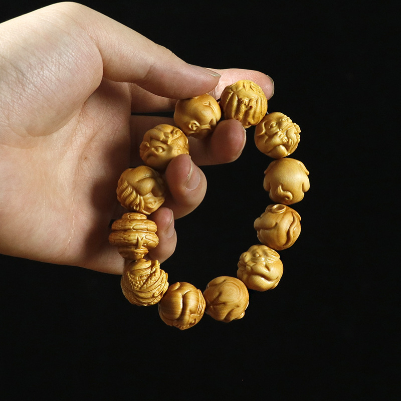 Handgeschnitztes Buchsbaum Armband Mit Zwölf Tierkreiszeichen_voghion.com