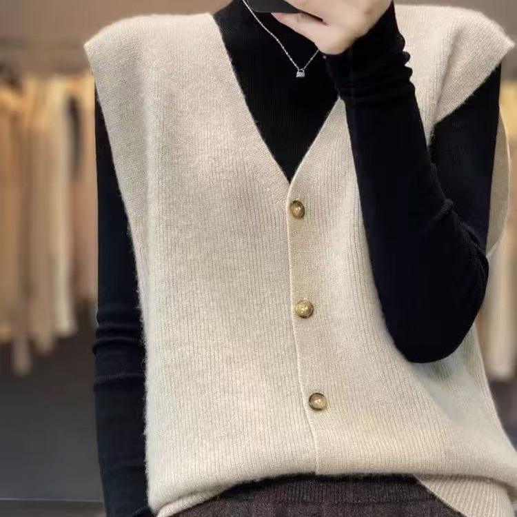 Cashmere V-Neck Knitted Cardigan Vest for Women, New Spring and Autumn Style, Cable Pattern Layered Pure Color Sleeveless Outerwear Sweater