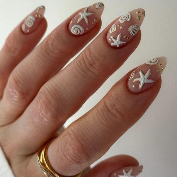 24 pieces of 3D nail art white ocean theme wear armor spring and summer seaside nails cross-border foreign trade money