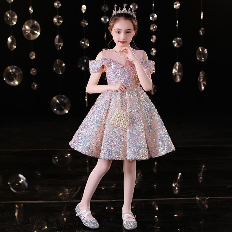 Sparkling Princess Dress For Girls - Glitter Short Sleeveless Party Gown For Birthday, Pageant, Special Occasions (Pink Gold)_voghion.com