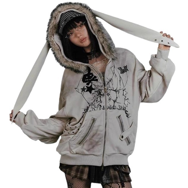 Autumn Winter Season American Street Style Fur Collar Rabbit Ear Zipper Hooded Sweatshirt Jacket Y2K Print Women's Top_voghion.com
