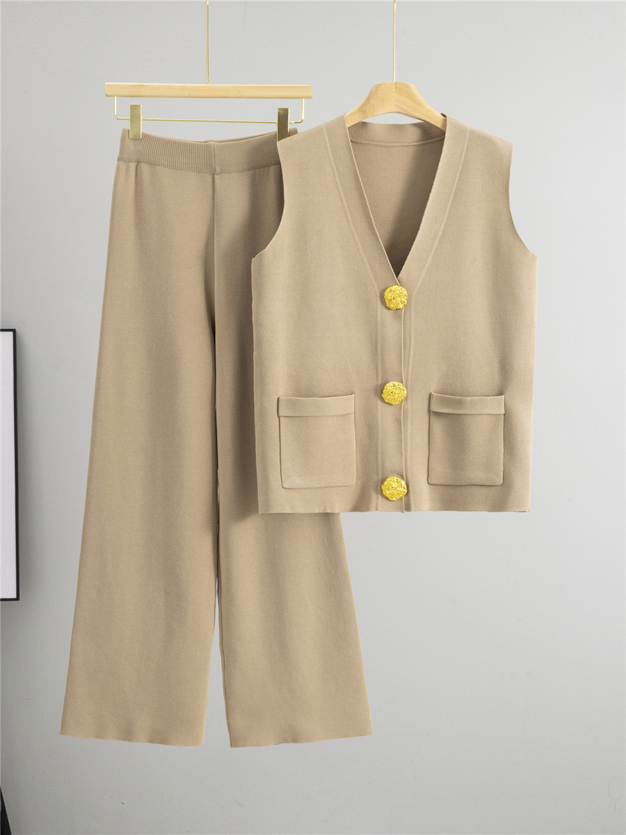 跨境2025夏季新款时尚两件套大纽扣V领针织背心休闲长裤针织套装 4