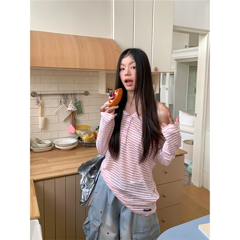 原版面料美式慵懒高级感条纹长袖气质上衣女夏休闲显瘦薄款打底衫|undefined