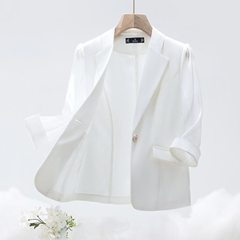 White Small Suit Jacket for Women Summer Thin 2023 New Three-Quarter Sleeve Small Casual Draped Suit Summer Style