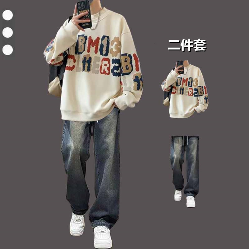Spring and Autumn American Round Neck Sweatshirt Male Student Trendy Suit with High Street Jeans Handsome Casual Two-Piece Set Spring and Autumn American Round Neck Sweatshirt Male Student Trendy Suit with High Street Jeans Handsome Casual Two-Piece Set