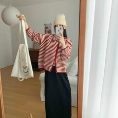 リアルショットストライプジッパーフード付きセータージャケット韓国スタイルルーズレイジースタイルカジュアル大きいサイズセータージャケット女性用
