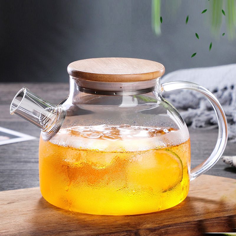 High-end new Chinese style glass cold water pot, heat-resistant for home use, tea brewing pot with bamboo lid, flower tea pot, straight hair