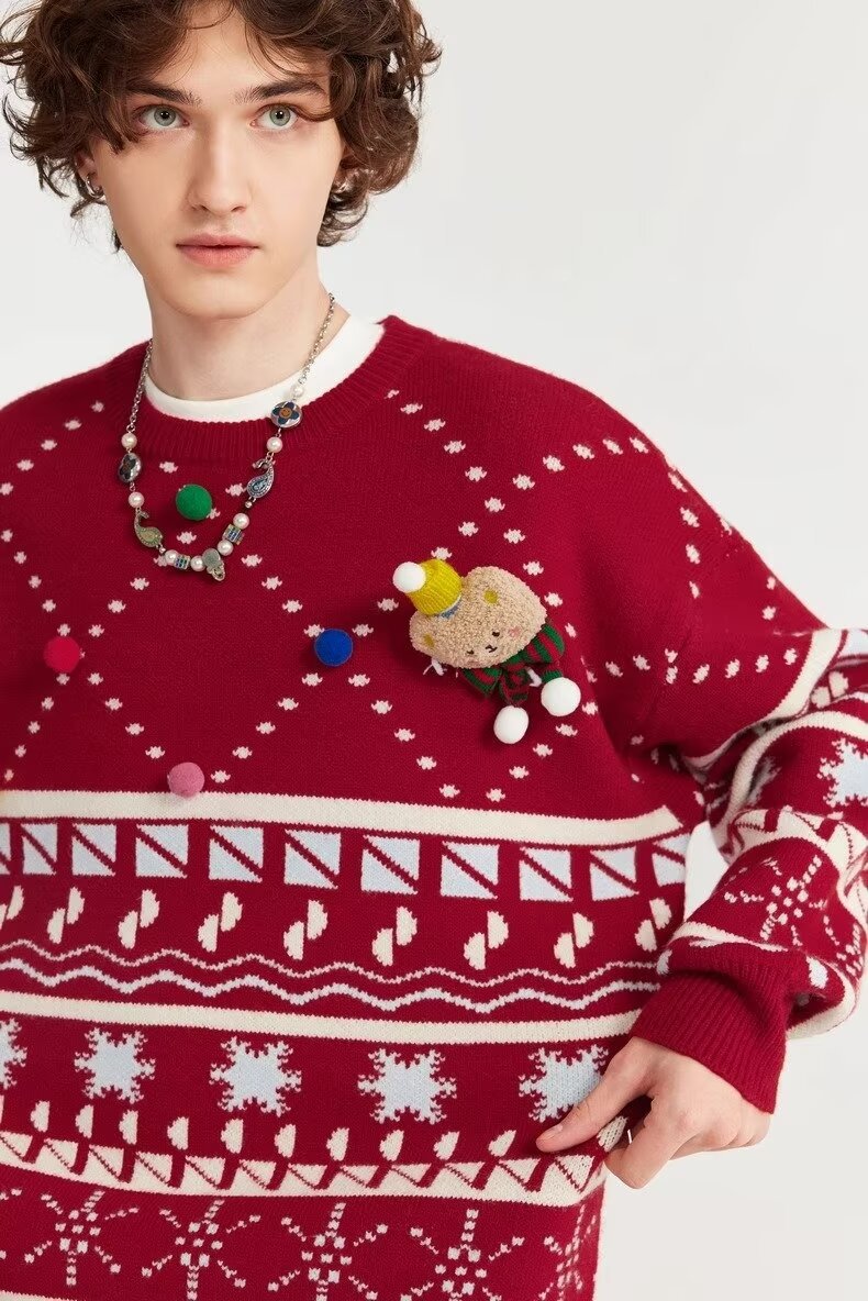 Men's Sweater Knitted Pullover Round Neck Autumn Winter Red Tops_voghion.com